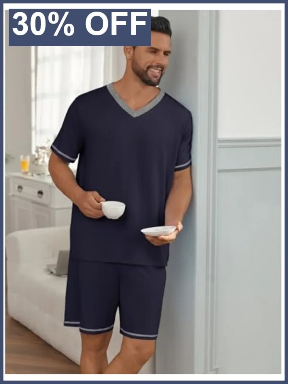 Men's Pajama Set Short Sleeve V-Neck Lounge Sleepwear Lightweight with Pockets